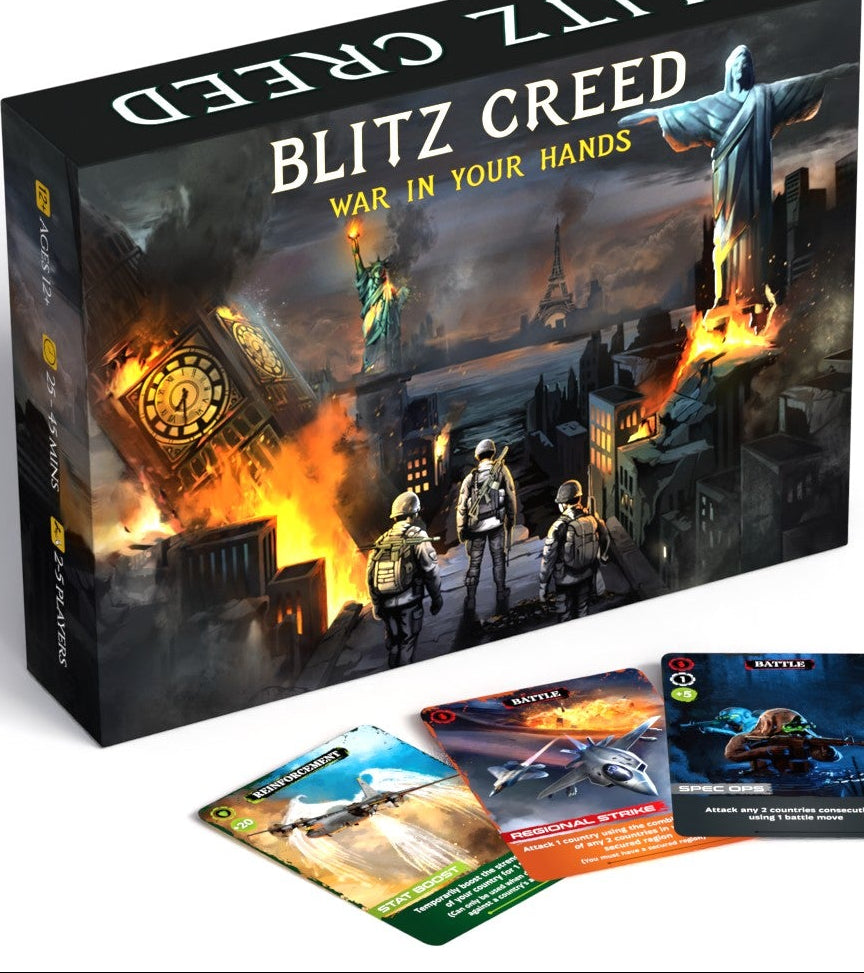 Board game box titled 'Blitz Creed' with game cards displayed on a white background
